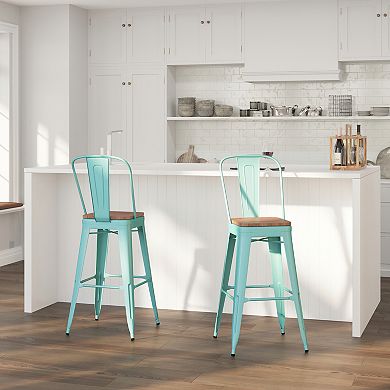 Merrick Lane Sarah 30" Metal Indoor-Outdoor Counter Stool with Vertical Slat Back, Integrated Footrest and Wood Seat