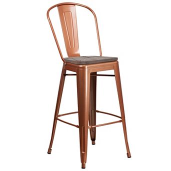 Merrick Lane Sarah 30" Metal Indoor-Outdoor Counter Stool with Vertical Slat Back, Integrated Footrest and Wood Seat