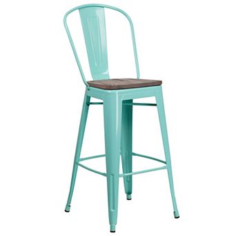 Merrick Lane Sarah 30" Metal Indoor-Outdoor Counter Stool with Vertical Slat Back, Integrated Footrest and Wood Seat