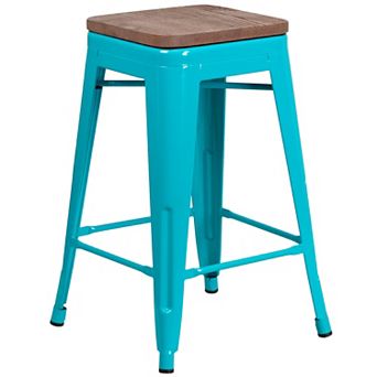 Merrick Lane Dalton Series Backless Metal Dining Stool with Wooden Seat for Indoor Use