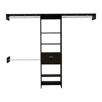 Cross Closet System, One Drawer, Three Metal Rod, Five Open Shelves