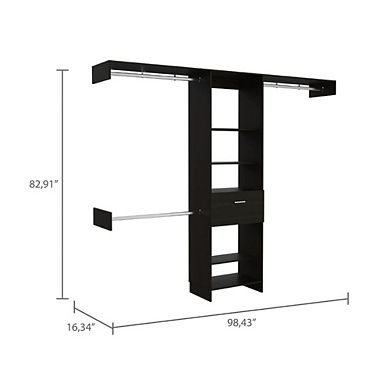 Cross Closet System, One Drawer, Three Metal Rod, Five Open Shelves