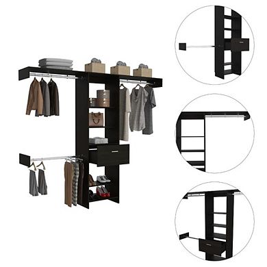 Cross Closet System, One Drawer, Three Metal Rod, Five Open Shelves