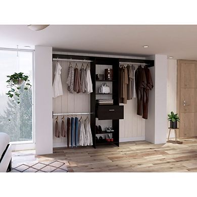 Cross Closet System, One Drawer, Three Metal Rod, Five Open Shelves