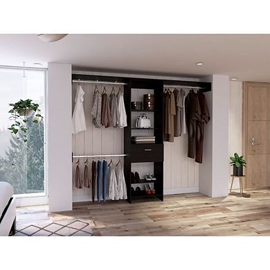 Cross Closet System, One Drawer, Three Metal Rod, Five Open Shelves