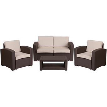 Merrick Lane Ava 4 pc Faux Rattan Patio Furniture Set with 2 Chairs and Love Seat with Removable Cushions and Table