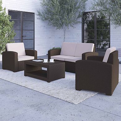 Merrick Lane Ava 4 Piece Faux Rattan Patio Furniture Set with 2 Chairs and Love Seat with Removable Cushions and Table