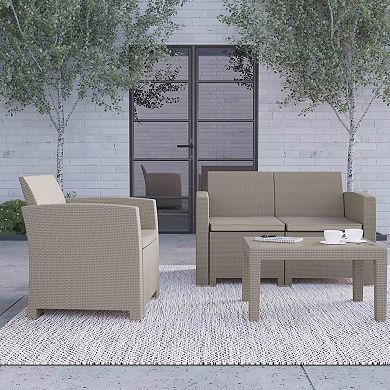 Merrick Lane Ava 4 Piece Faux Rattan Patio Furniture Set with 2 Chairs and Love Seat with Removable Cushions and Table