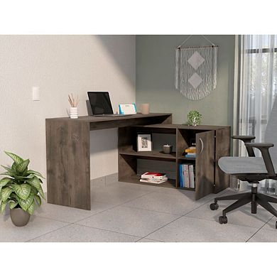 Antlia L-Shaped Writing Desk, Two Shelves, Single Door Cabinet