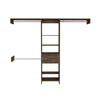 Cross Closet System, One Drawer, Three Metal Rod, Five Open Shelves