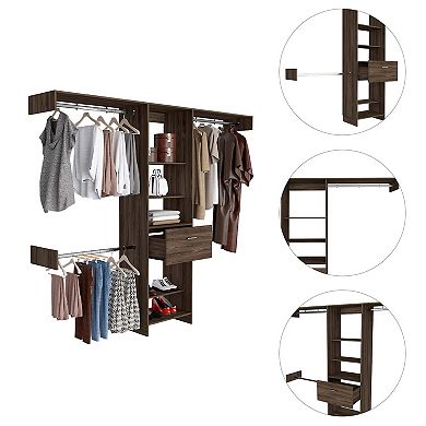 Cross Closet System, One Drawer, Three Metal Rod, Five Open Shelves