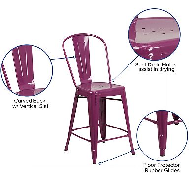 Merrick Lane Stella 24" Metal Indoor-Outdoor Counter Stool with Vertical Slat Back and Integrated Footrest
