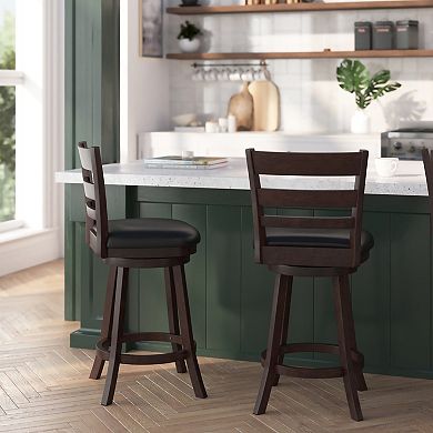 Merrick Lane Silla 24" Classic Wooden Ladderback Swivel Counter Height Stool with Upholstered Padded Seat and Integrated Footrest