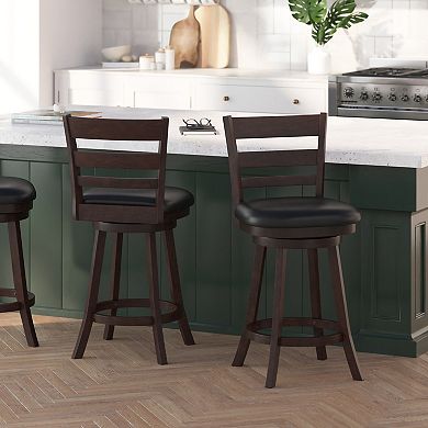 Merrick Lane Silla 24" Classic Wooden Ladderback Swivel Counter Height Stool with Upholstered Padded Seat and Integrated Footrest