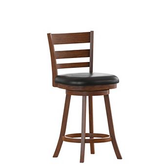 Merrick Lane Silla 24" Classic Wooden Ladderback Swivel Counter Height Stool with Upholstered Padded Seat and Integrated Footrest