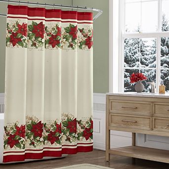 Elrene Home Fashions Red and White Poinsettias Holiday Fabric Shower Curtain