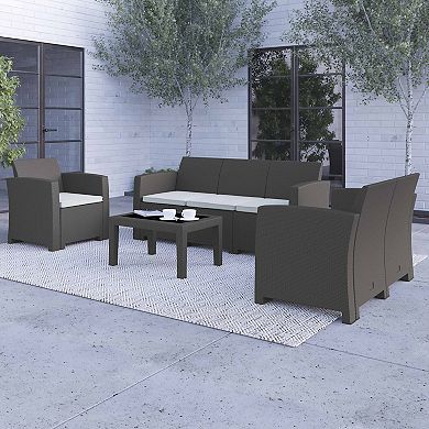 Merrick Lane Greta 4 Piece Faux Rattan Patio Furniture Set with Included Cushions, Chair, Sofa, Loveseat and Coffee Table