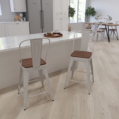 Merrick Lane Donnely Metal Dining Stool with Curved Slatted Back and Textured Wood Seat