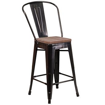 Merrick Lane Donnely Metal Dining Stool with Curved Slatted Back and Textured Wood Seat