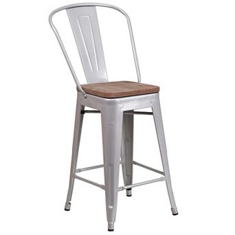 Merrick Lane Donnely Metal Dining Stool with Curved Slatted Back and Textured Wood Seat