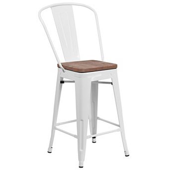 Merrick Lane Donnely Metal Dining Stool with Curved Slatted Back and Textured Wood Seat