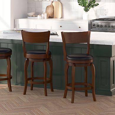 Merrick Lane Tally 24" Classic Wooden Open Back Swivel Counter Height Pub Stool with Upholstered Padded Seat and Integrated Footrest