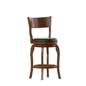 Merrick Lane Tally 24" Classic Wooden Open Back Swivel Counter Height Pub Stool with Upholstered Padded Seat and Integrated Footrest