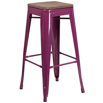 Merrick Lane Dalton Series Backless Metal Dining Stool with Wooden Seat for Indoor Use