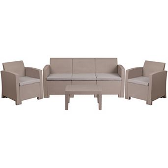 Merrick Lane Vivian 4 pc Faux Rattan Patio Furniture Set with 2 Chairs and Sofa with Removable Beige Cushions and Table