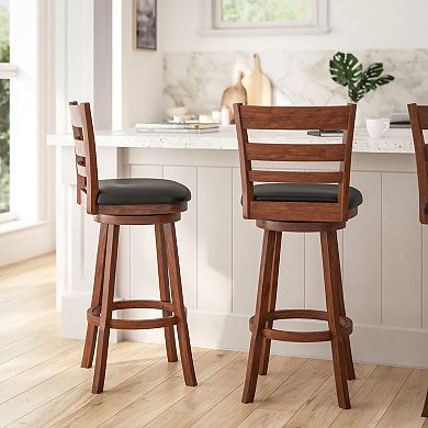 Merrick Lane Silla 30" Classic Wooden Ladderback Swivel Bar Height Stool with Upholstered Padded Seat and Integrated Footrest