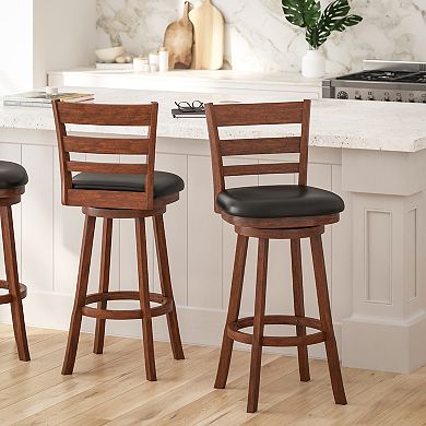 Merrick Lane Silla 30" Classic Wooden Ladderback Swivel Bar Height Stool with Upholstered Padded Seat and Integrated Footrest