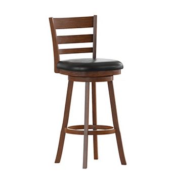 Merrick Lane Silla 30" Classic Wooden Ladderback Swivel Bar Height Stool with Upholstered Padded Seat and Integrated Footrest