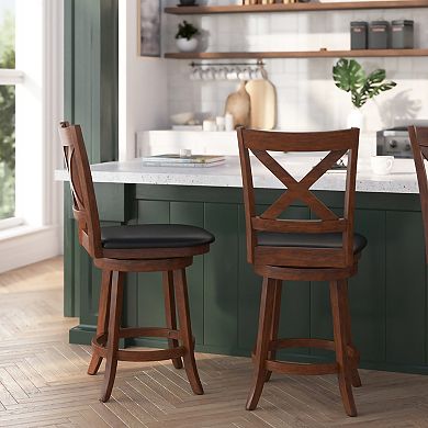 Merrick Lane Sora 24" Classic Wooden Crossback Swivel Counter Height Pub Stool with Upholstered Padded Seat and Integrated Footrest