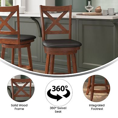 Merrick Lane Sora 24" Classic Wooden Crossback Swivel Counter Height Pub Stool with Upholstered Padded Seat and Integrated Footrest