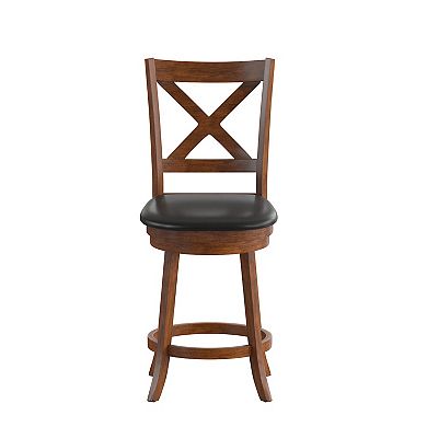 Merrick Lane Sora 24" Classic Wooden Crossback Swivel Counter Height Pub Stool with Upholstered Padded Seat and Integrated Footrest