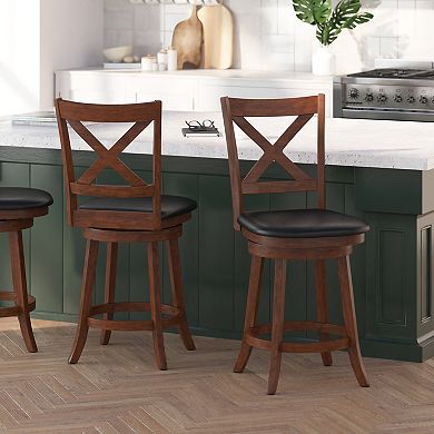 Merrick Lane Sora 24" Classic Wooden Crossback Swivel Counter Height Pub Stool with Upholstered Padded Seat and Integrated Footrest