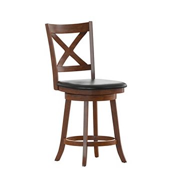 Merrick Lane Sora 24" Classic Wooden Crossback Swivel Counter Height Pub Stool with Upholstered Padded Seat and Integrated Footrest