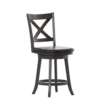 Merrick Lane Sora 24" Classic Wooden Crossback Swivel Counter Height Pub Stool with Upholstered Padded Seat and Integrated Footrest