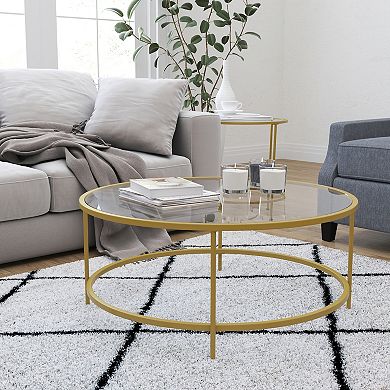 Merrick Lane Newbury Round Glass Coffee Table Set - 3 Piece Glass Table Set with Metal and Vertical Legs