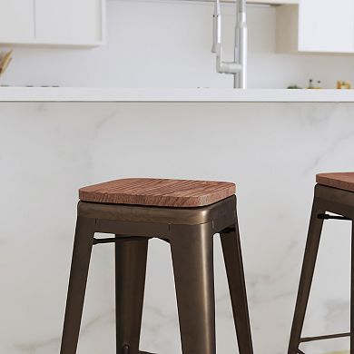 Merrick Lane Set Of Four Metal Stackable Bar Counter Stools With Wood Seat