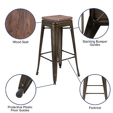 Merrick Lane Set Of Four Metal Stackable Bar Counter Stools With Wood Seat