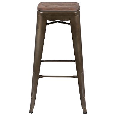 Merrick Lane Set Of Four Metal Stackable Bar Counter Stools With Wood Seat