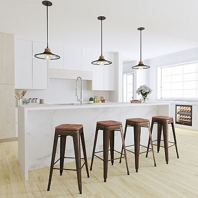 Merrick Lane Set Of Four Metal Stackable Bar Counter Stools With Wood Seat