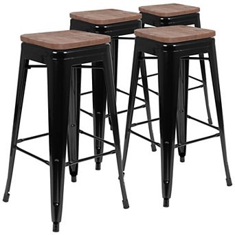Merrick Lane Set Of Four Metal Stackable Bar Counter Stools With Wood Seat