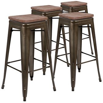 Merrick Lane Set Of Four Metal Stackable Bar Counter Stools With Wood Seat