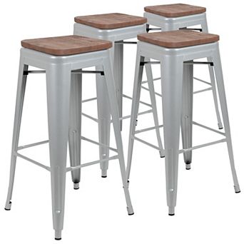Merrick Lane Set Of Four Metal Stackable Bar Counter Stools With Wood Seat