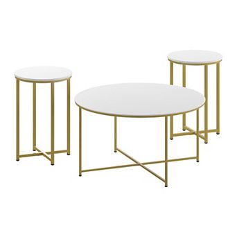 Merrick Lane Fairdale Round Coffee Table Set - 3 pc Coffee Table Set with Crisscross Frame - Coffee Table & 2 End Tables