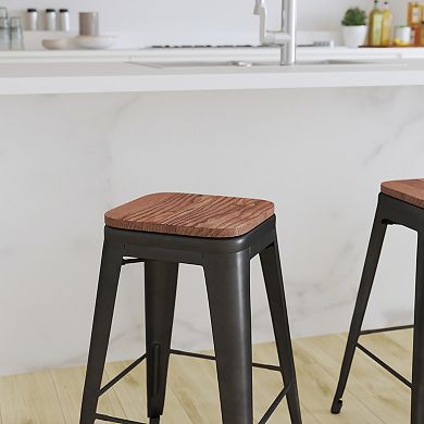 Merrick Lane Set Of Four 24 Inch Metal Stackable Bar Counter Stools With Wood Seat