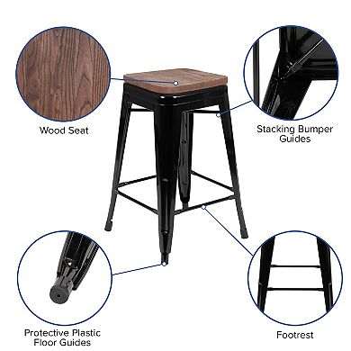 Merrick Lane Set Of Four 24 Inch Metal Stackable Bar Counter Stools With Wood Seat