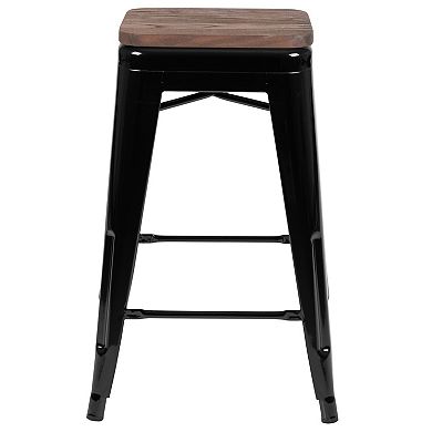 Merrick Lane Set Of Four 24 Inch Metal Stackable Bar Counter Stools With Wood Seat